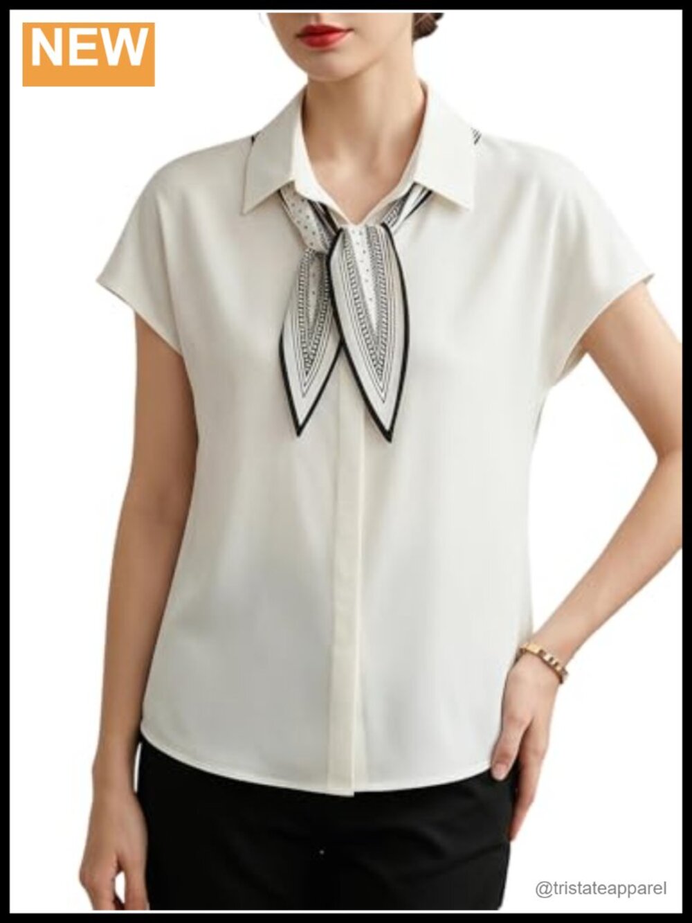 Cap Sleeve Collared Blouse with Tie Dressy Work Top